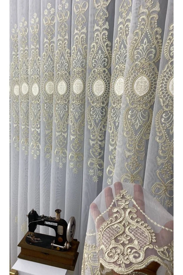Ottoman Altın Gold Kort Nakılşlı Salon 3 kat Pileli Tül Perde